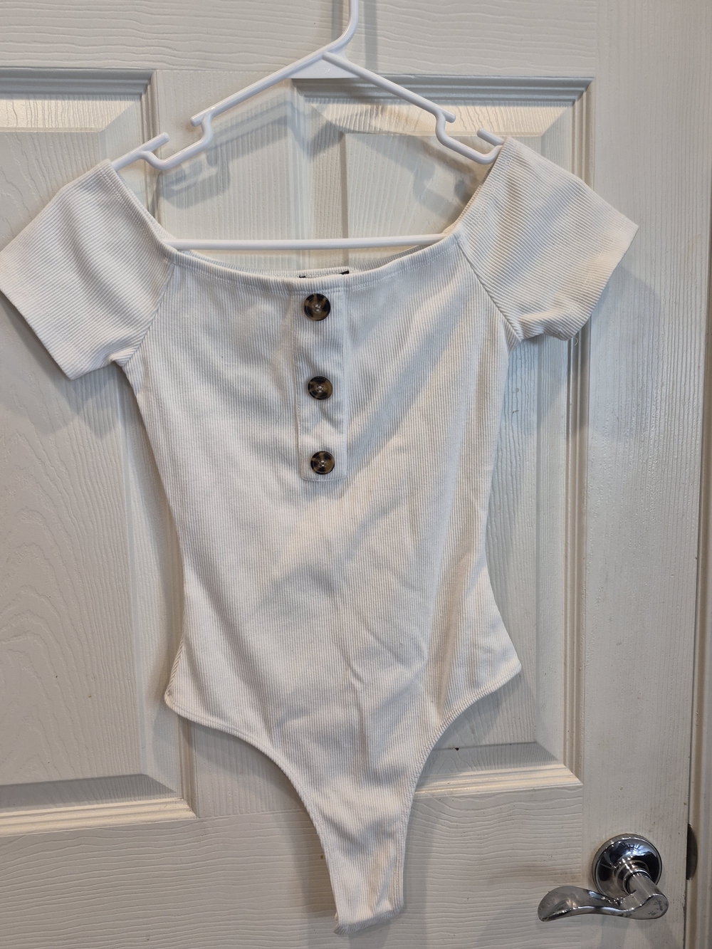 White Ribbed Off-Shoulder One-Piece with Button Detail